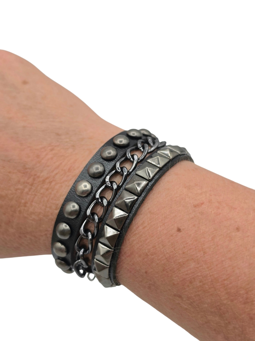 Black Leather Multi-Row Stud & Chain Wrap Bracelet